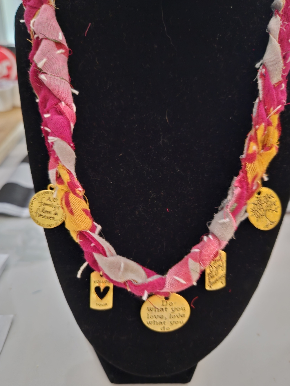 Women's Pink & Yellow Braided Kantha Fabric Charm Necklace